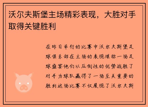沃尔夫斯堡主场精彩表现，大胜对手取得关键胜利
